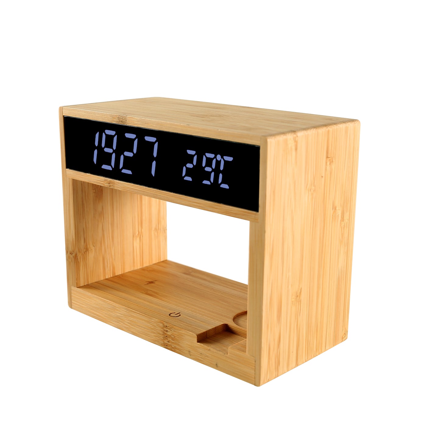 Edsonsoon MT503 Bamboo Wireless Charging Station with Alarm Clock, 15W Fast Phone Charger, Earbuds & Watch Charging Dock, Touch Control LED Table Lamp