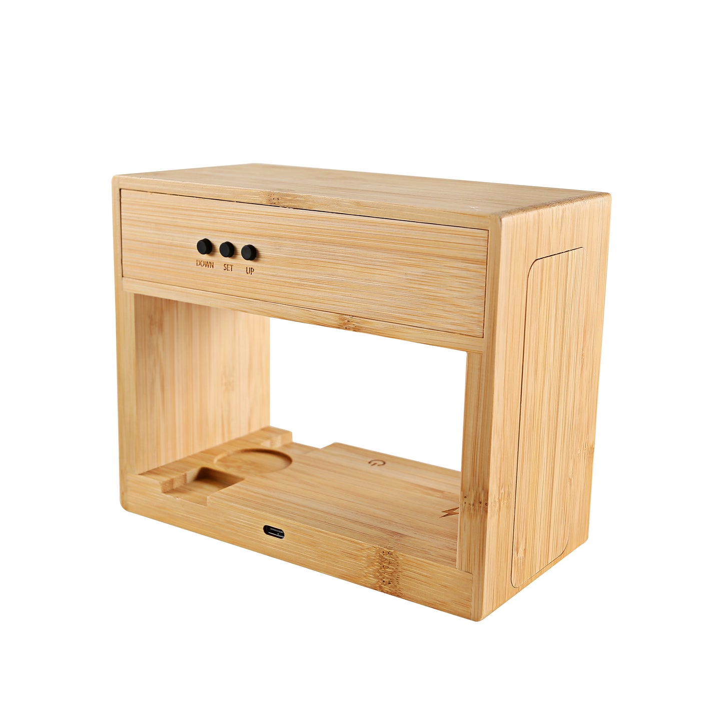 Edsonsoon MT503 Bamboo Wireless Charging Station with Alarm Clock, 15W Fast Phone Charger, Earbuds & Watch Charging Dock, Touch Control LED Table Lamp
