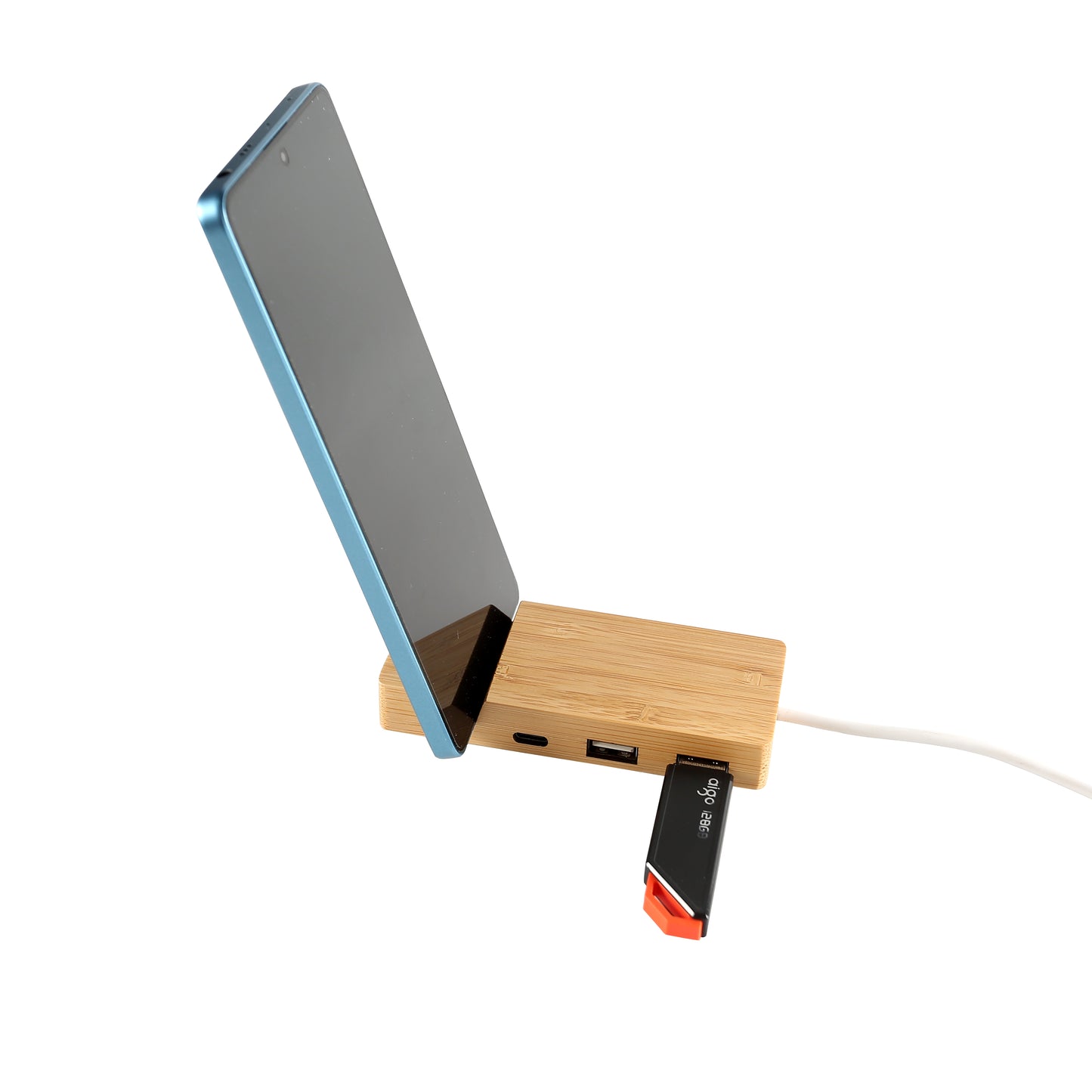 Edsonsoon MT525 Bamboo 3-Port USB Hub with Phone Holder – Type-C & USB Ports for Desktop & Office