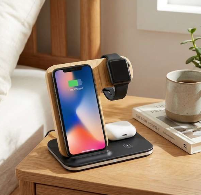 MT710 Bamboo 3-in-1 Wireless Charging Station – Phone, Watch & Earbuds