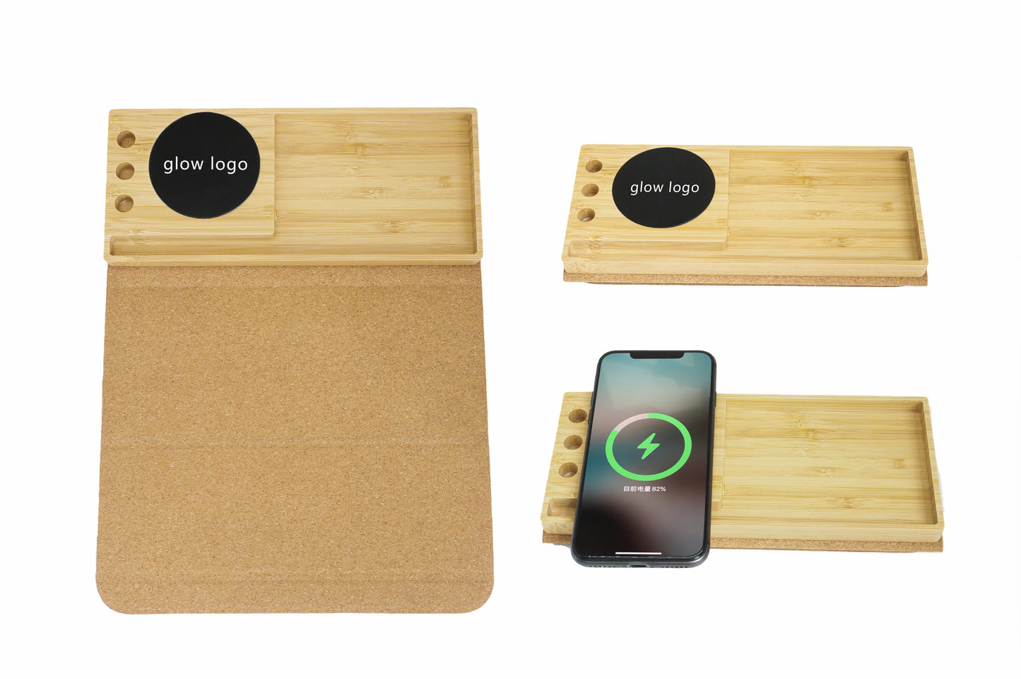 Edsonsoon MT564 Bamboo & Cork Mouse Pad with 15W Wireless Charger, Glow Logo & Desk Organizer