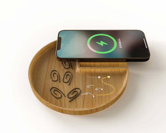 Edsonsoon MT563 Bamboo Wireless Charger with Glow Logo, Phone Holder & Desk Organizer – Fast Charging Pad for iPhone, Samsung & Qi Devices