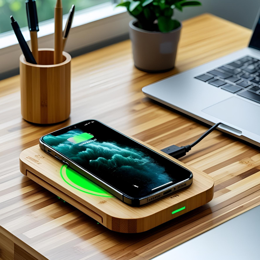 Bamboo Charger on Desk: modern bamboo wireless charger on office desk