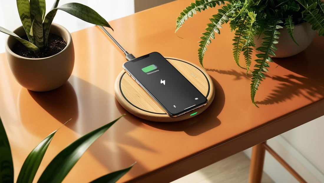 Wireless Charger with Bamboo Finish: modern wireless charger featuring natural bamboo material