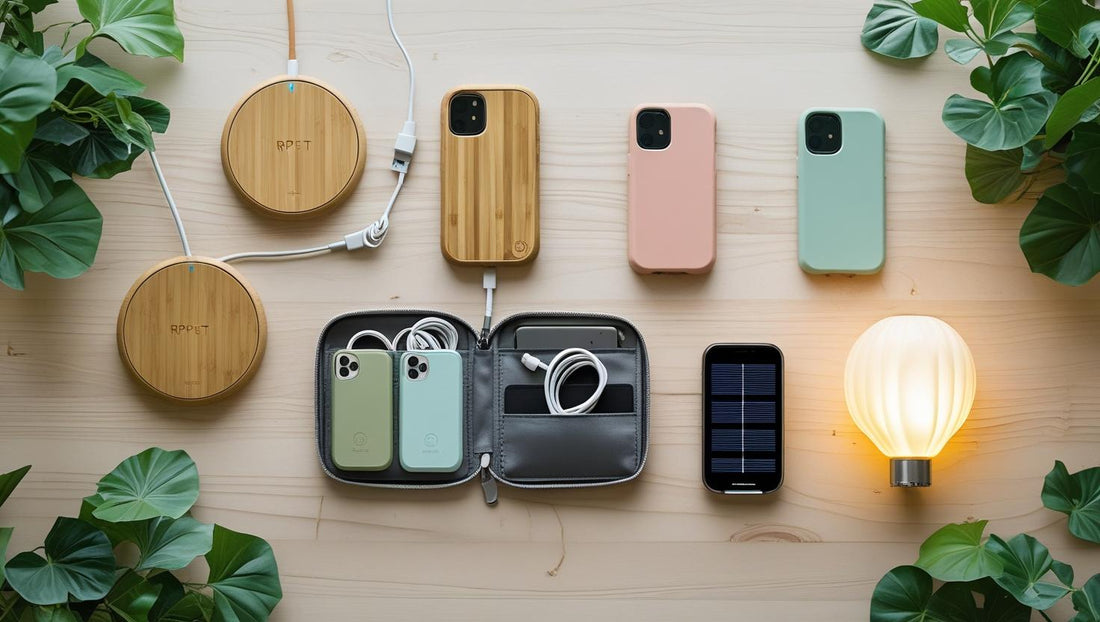 eco-friendly tech accessories for 2025 including bamboo chargers, solar gadgets, and sustainable organizers on a clean modern desk