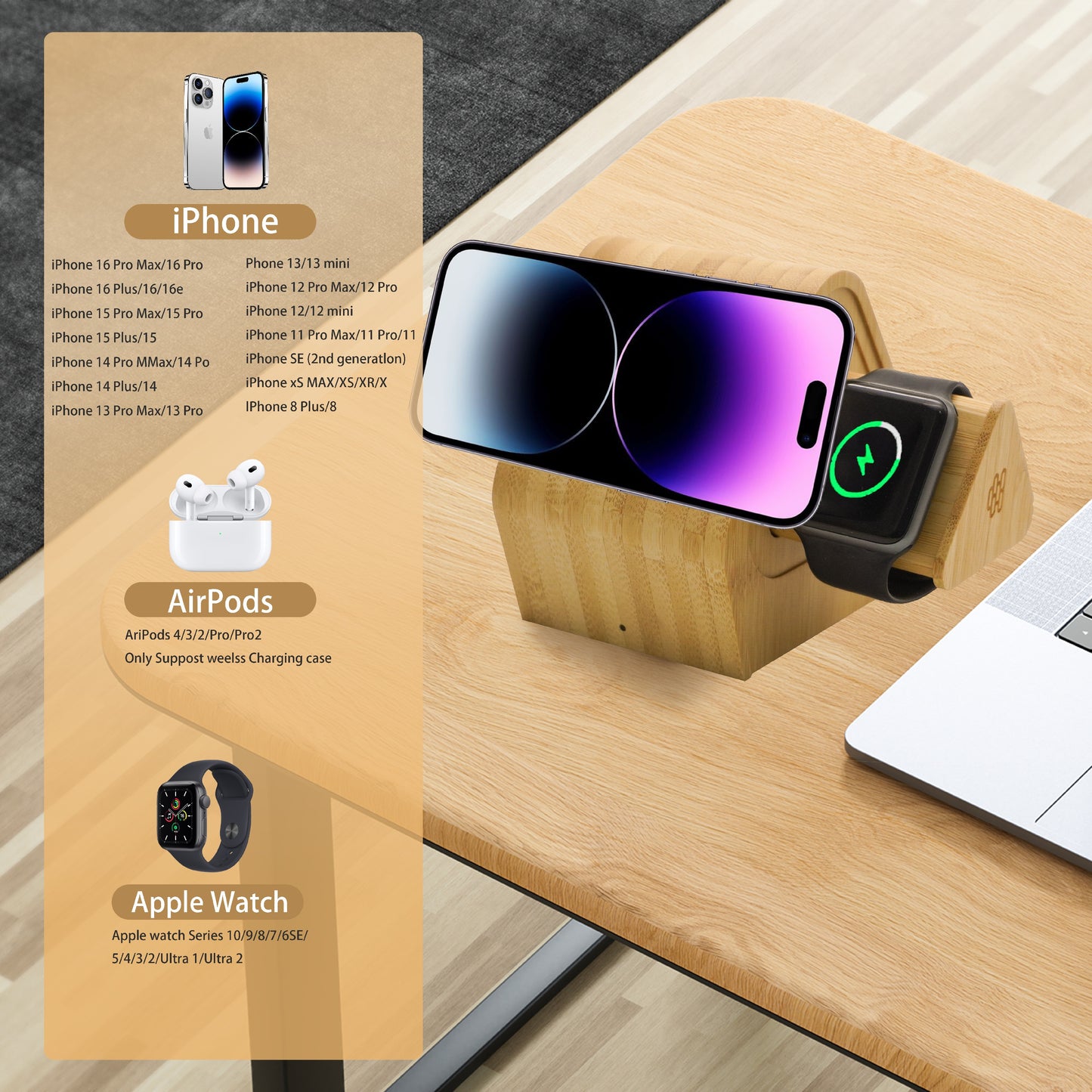 MT501 Bamboo Wireless Charging Dock – Eco-Friendly 3-in-1 Fast Charger for Phone, Watch & Earbuds