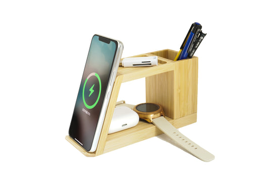 Edsonsoon MT548 Bamboo Wireless Charger with Pen Stand, Phone Holder, Table Lamp & Desk Organizer – Multi-Function Charging Station for iPhone, Samsung & Qi Devices