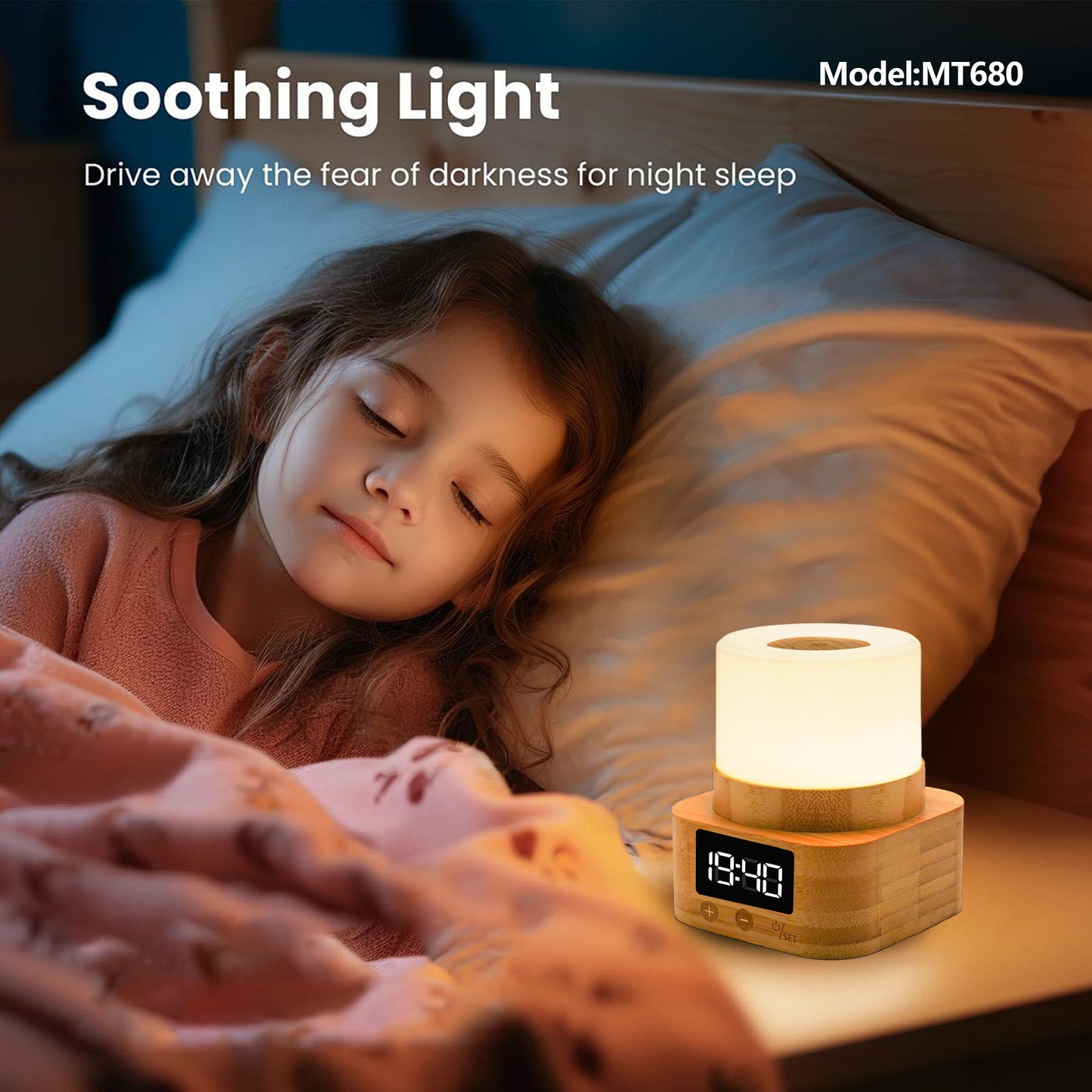 MT680 Bamboo Touch Night Light with Digital Clock – 8-Color LED Bedside Lamp