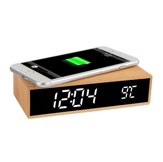 MT526 Bamboo Wireless Charging Alarm Clock – Eco-Friendly Fast Charger with Time, Date & Temperature Display
