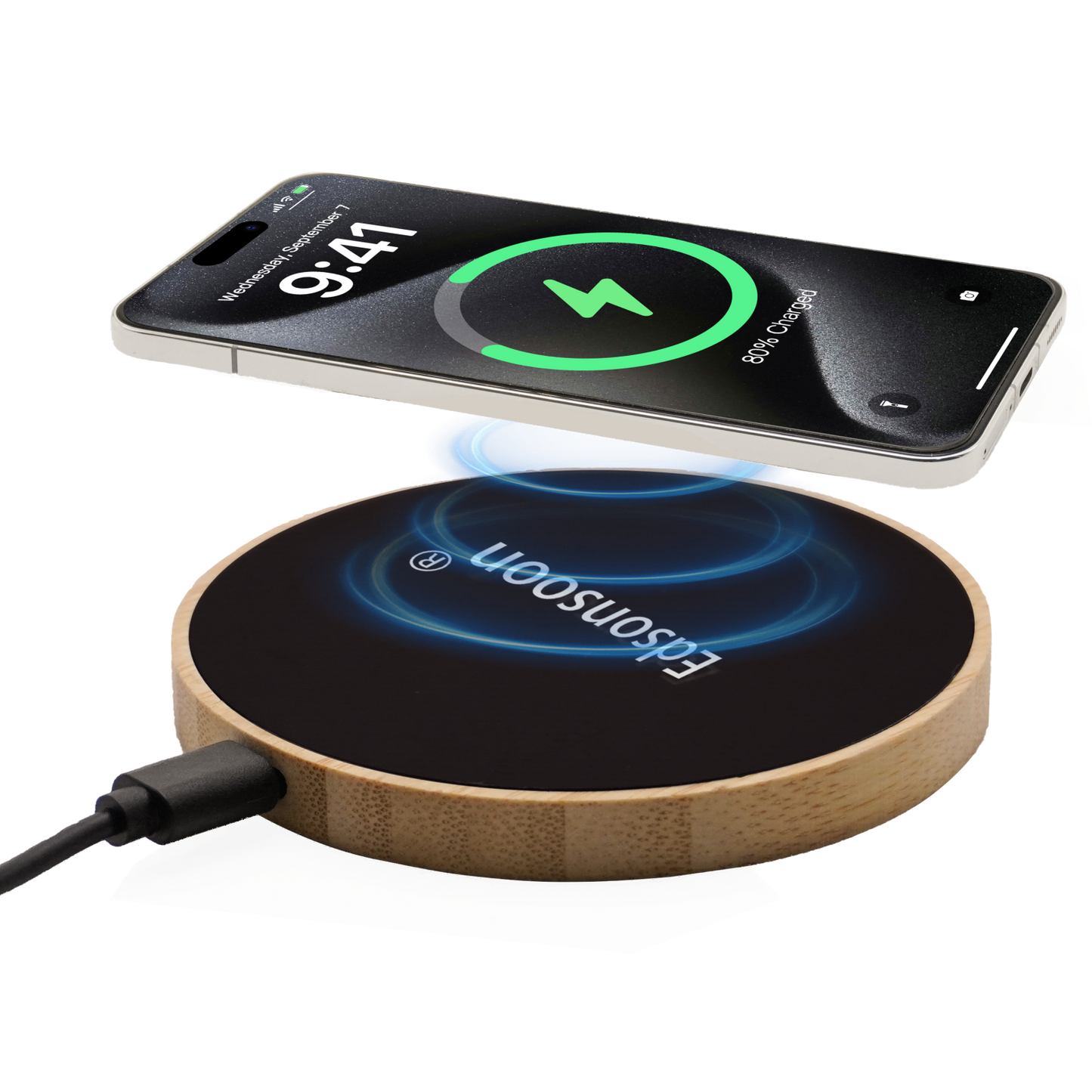 MT504 Bamboo Wireless Charging Pad with Glow Logo – 15W Fast Eco-Friendly Charger
