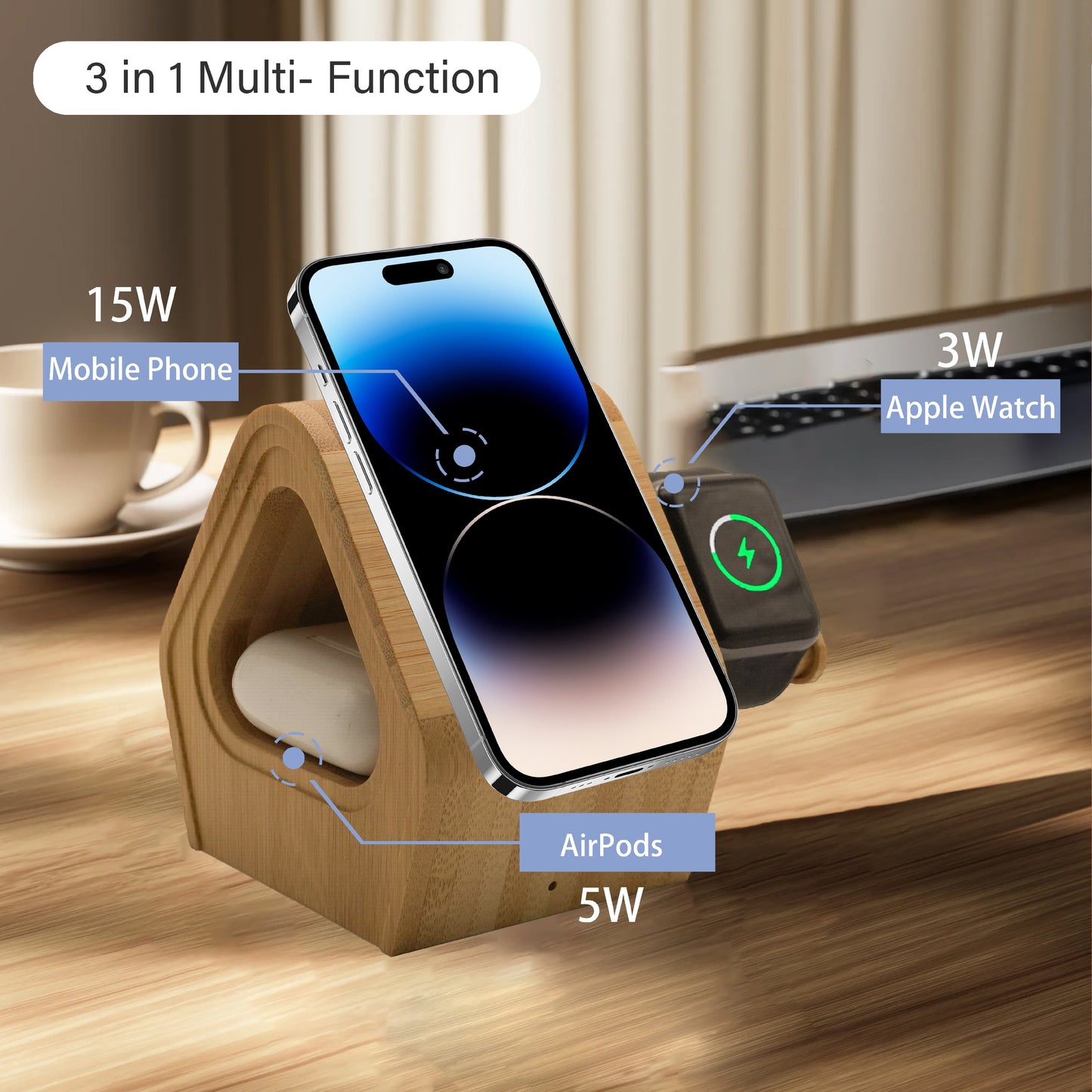MT501 Bamboo Wireless Charging Dock – Eco-Friendly 3-in-1 Fast Charger for Phone, Watch & Earbuds