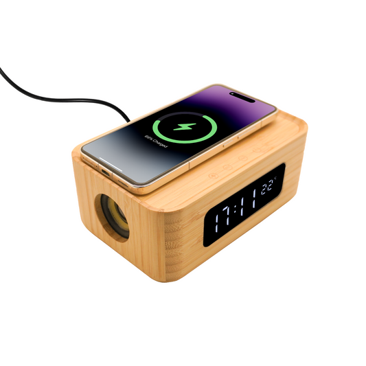Edsonsoon MT612 4-in-1 Bamboo Smart Clock with Wireless Qi Fast Charger, Bluetooth Speaker, LED Display Alarm Clock, Multifunctional Wood Digital Clock for Bedroom, Office, Nightstand, Eco-Friendly Modern Design