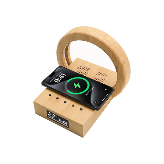 Edsonsoon MT582 Bamboo Wireless Charging Stand with Alarm Clock – 15W Fast Wireless Charger, Eco-Friendly Wooden Design, Qi-Certified Wireless Charging Dock for iPhone, Samsung, and All Qi-Enabled Devices, Modern Sustainable Nightstand Accessory