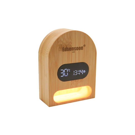 Edsonsoon MT659 Bamboo Alarm Clock with Bluetooth Speaker, Wireless Music Player, LED Nightlight, Digital Temperature & Humidity Display, Eco-Friendly Bamboo Wood Design, Silent Bedside Alarm Clock for Bedroom, Kids & Adults, Perfect Gift