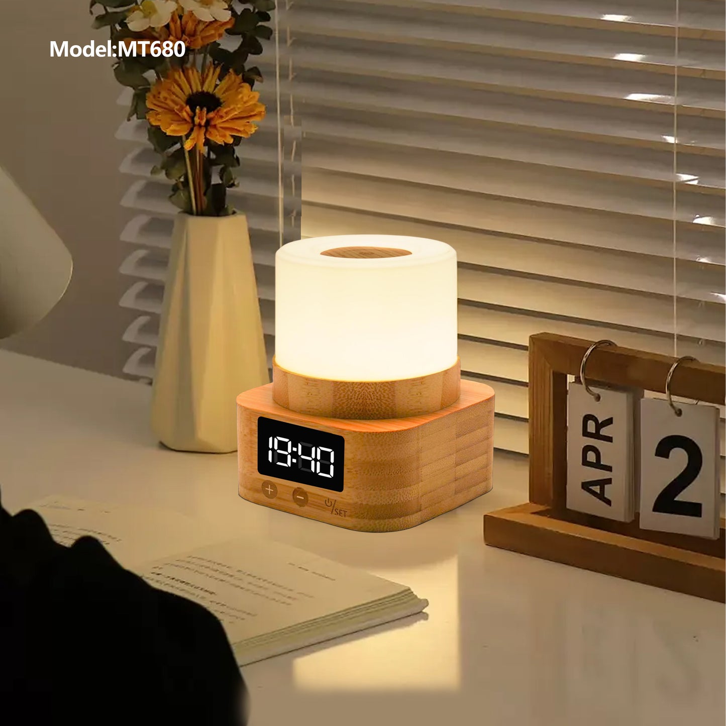 MT680 Bamboo Touch Night Light with Digital Clock – 8-Color LED Bedside Lamp