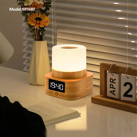 MT680 Bamboo Touch Night Light with Digital Clock – 8-Color LED Bedside Lamp