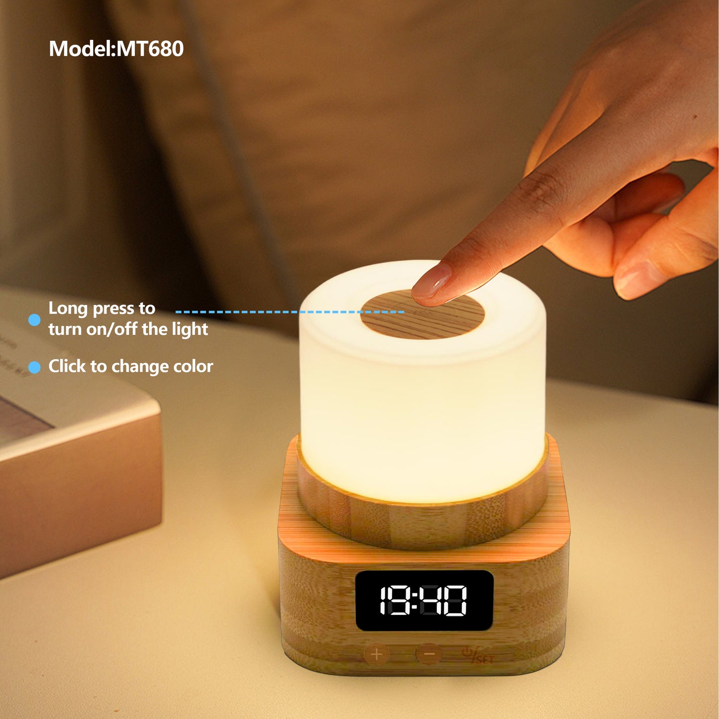 MT680 Bamboo Touch Night Light with Digital Clock – 8-Color LED Bedside Lamp