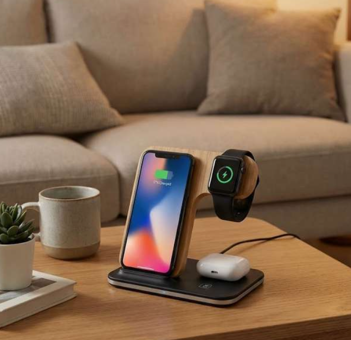 MT710 Bamboo 3-in-1 Wireless Charging Station – Phone, Watch & Earbuds