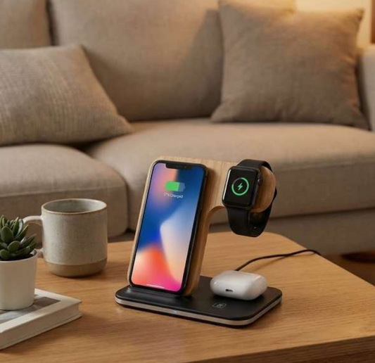 MT710 Bamboo 3-in-1 Wireless Charging Station – Phone, Watch & Earbuds