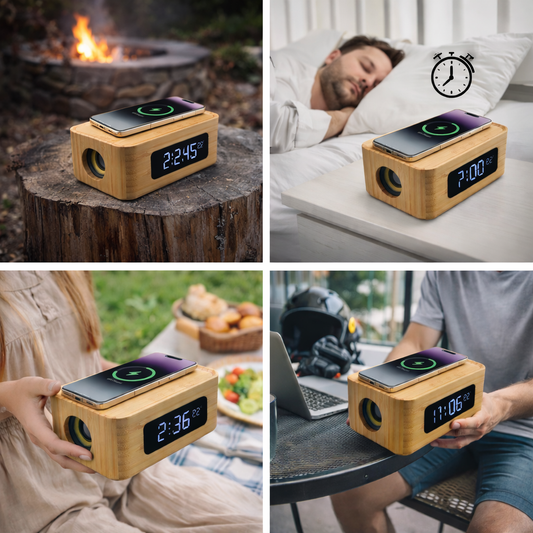 Edsonsoon MT612 4-in-1 Bamboo Smart Clock with Wireless Qi Fast Charger, Bluetooth Speaker, LED Display Alarm Clock, Multifunctional Wood Digital Clock for Bedroom, Office, Nightstand, Eco-Friendly Modern Design