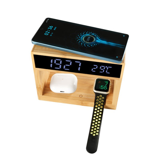 5 in 1 Bamboo Alarm Clock with Wireless Charger and Table Lamp MT503