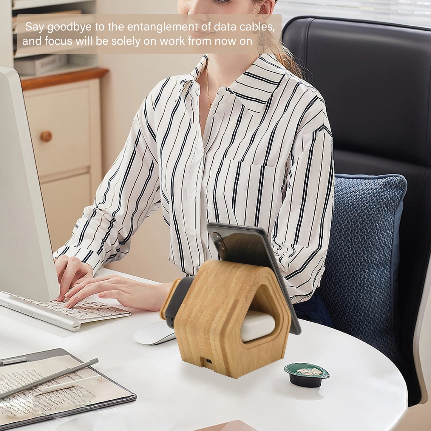 MT501 Bamboo Wireless Charging Dock – Eco-Friendly 3-in-1 Fast Charger for Phone, Watch & Earbuds