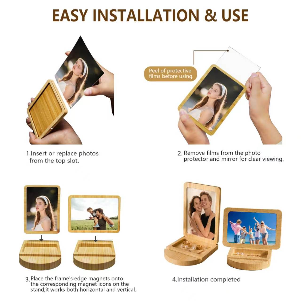 Bamboo Magnetic Photo Frame with Mirror and Storage Organizer
