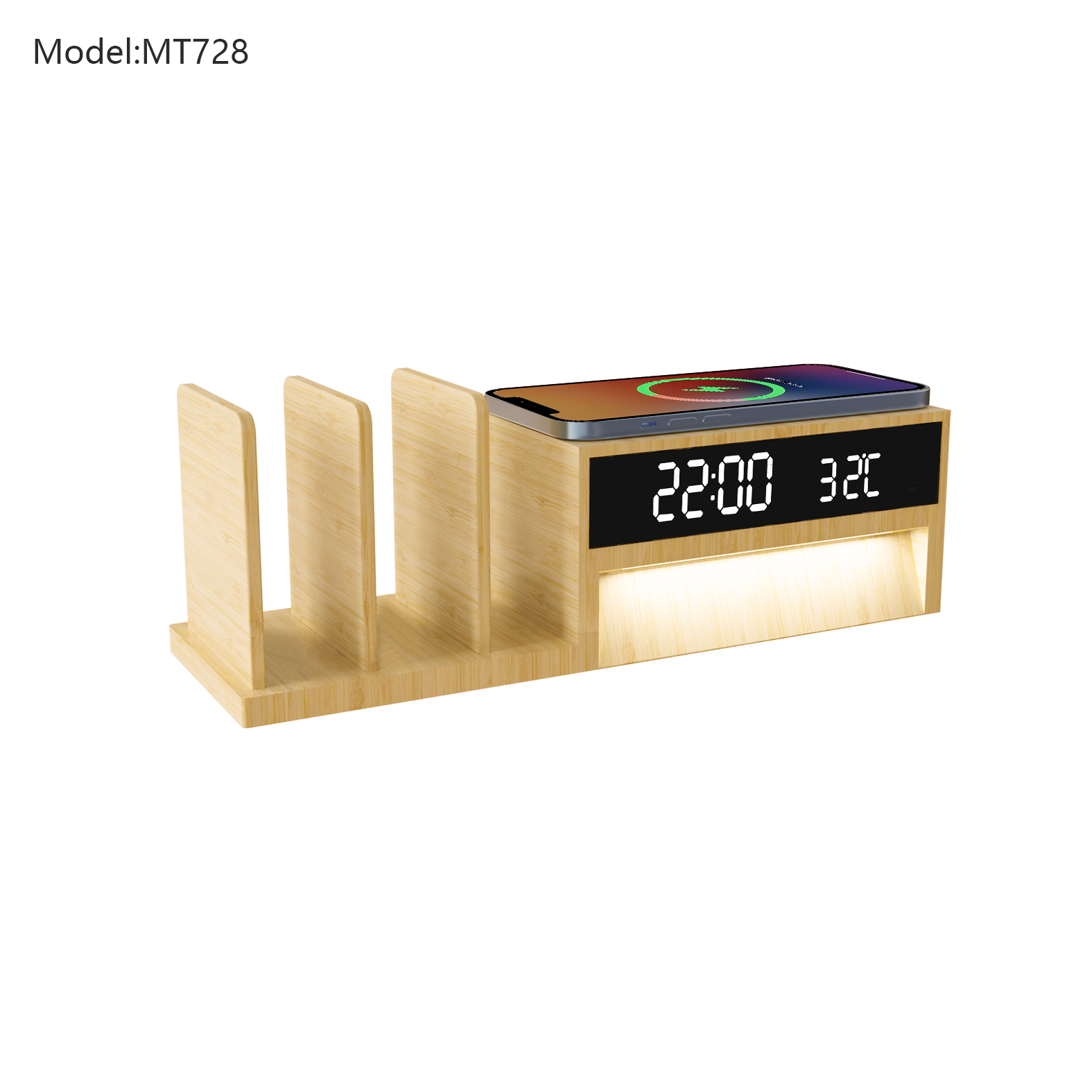Bamboo Bookshelf Wireless Charger with Clock and LED Lightoduct