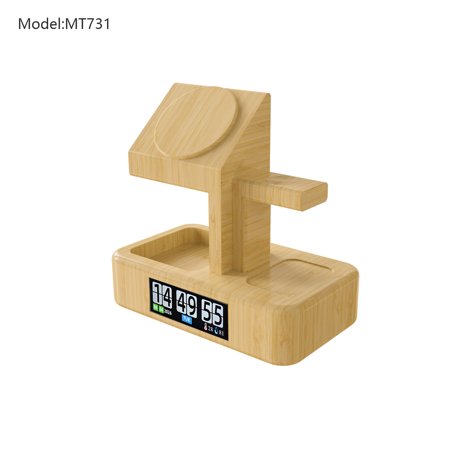 Bamboo 3-in-1 Wireless Charger with Clock and Storage Organizer