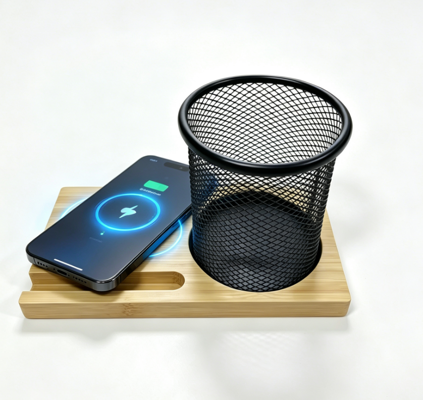 BAMBOO WIRELESS CHARGER WITH PEN HOLDER & PHONE STAND