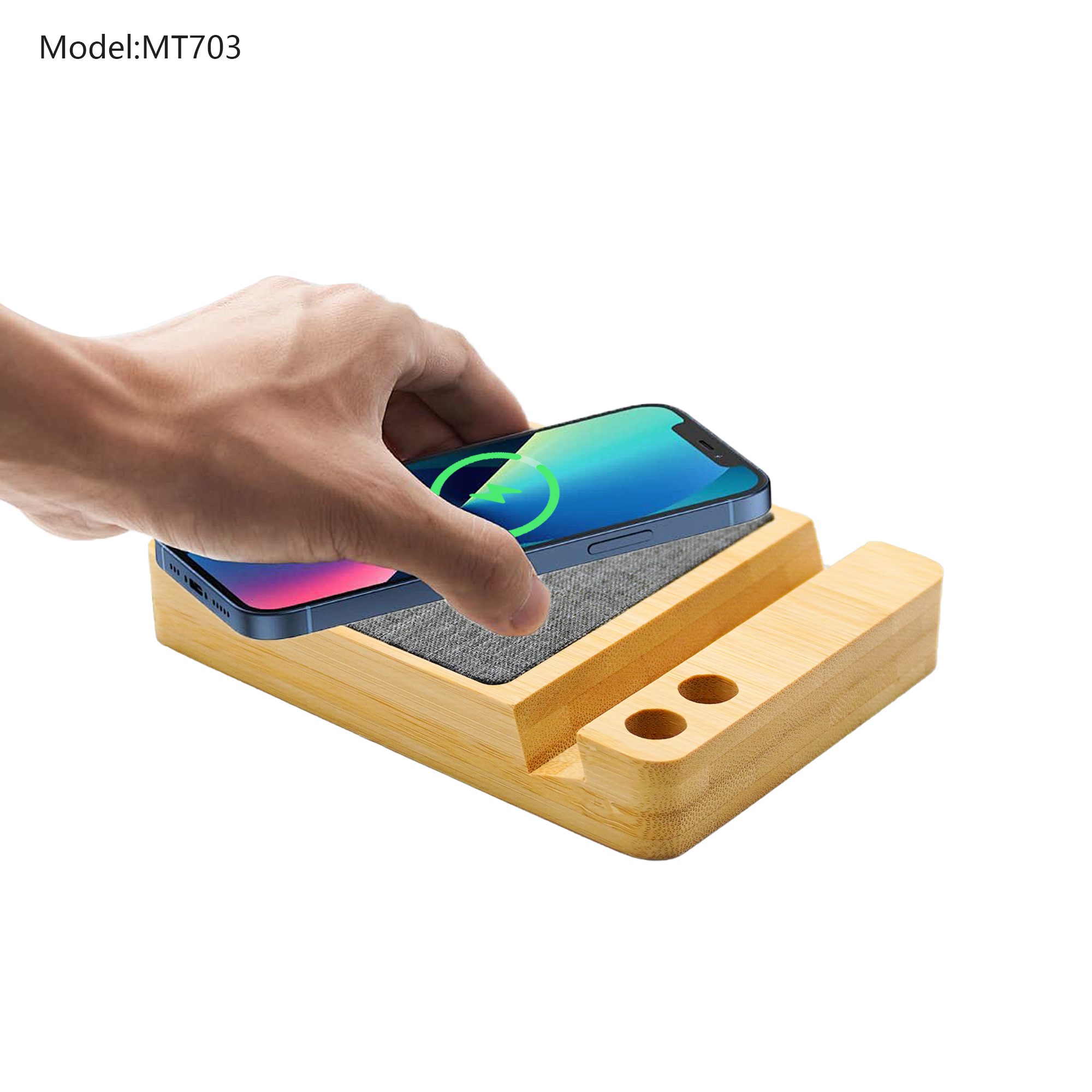 Bamboo Wireless Charging Pad with Cable Hub, Phone Stand & Dual Pen Holder