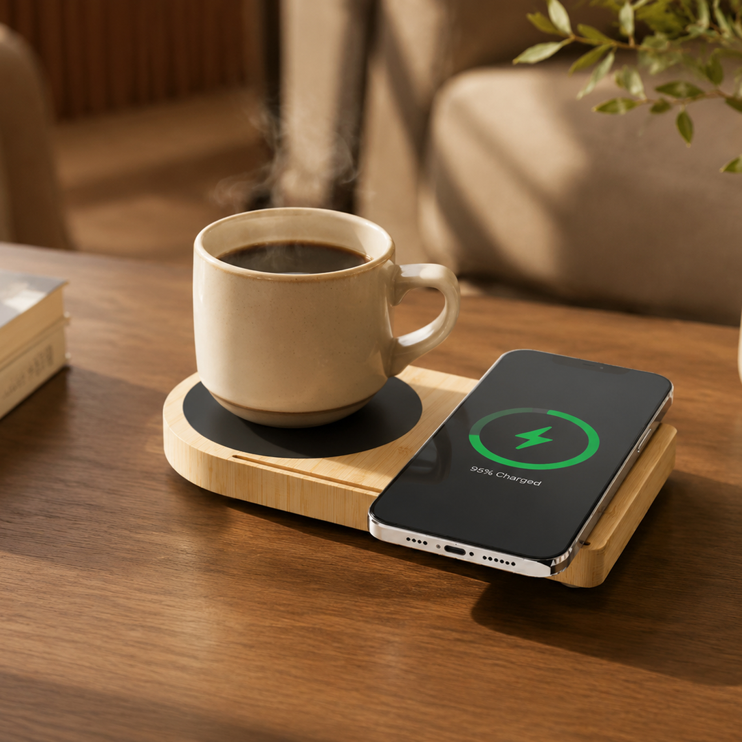 Bamboo Wireless Charger With Cup Warmer And LED Light