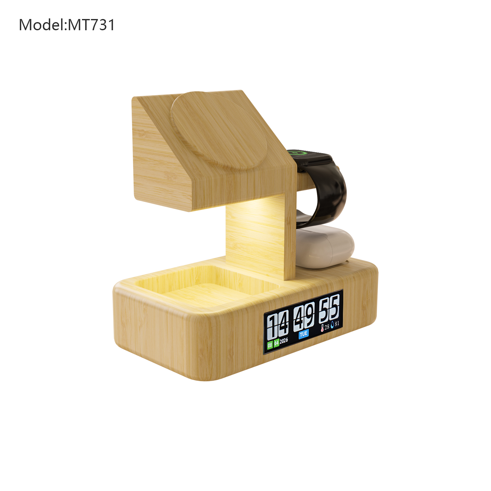 Bamboo 3-in-1 Wireless Charger with Clock and Storage Organizer