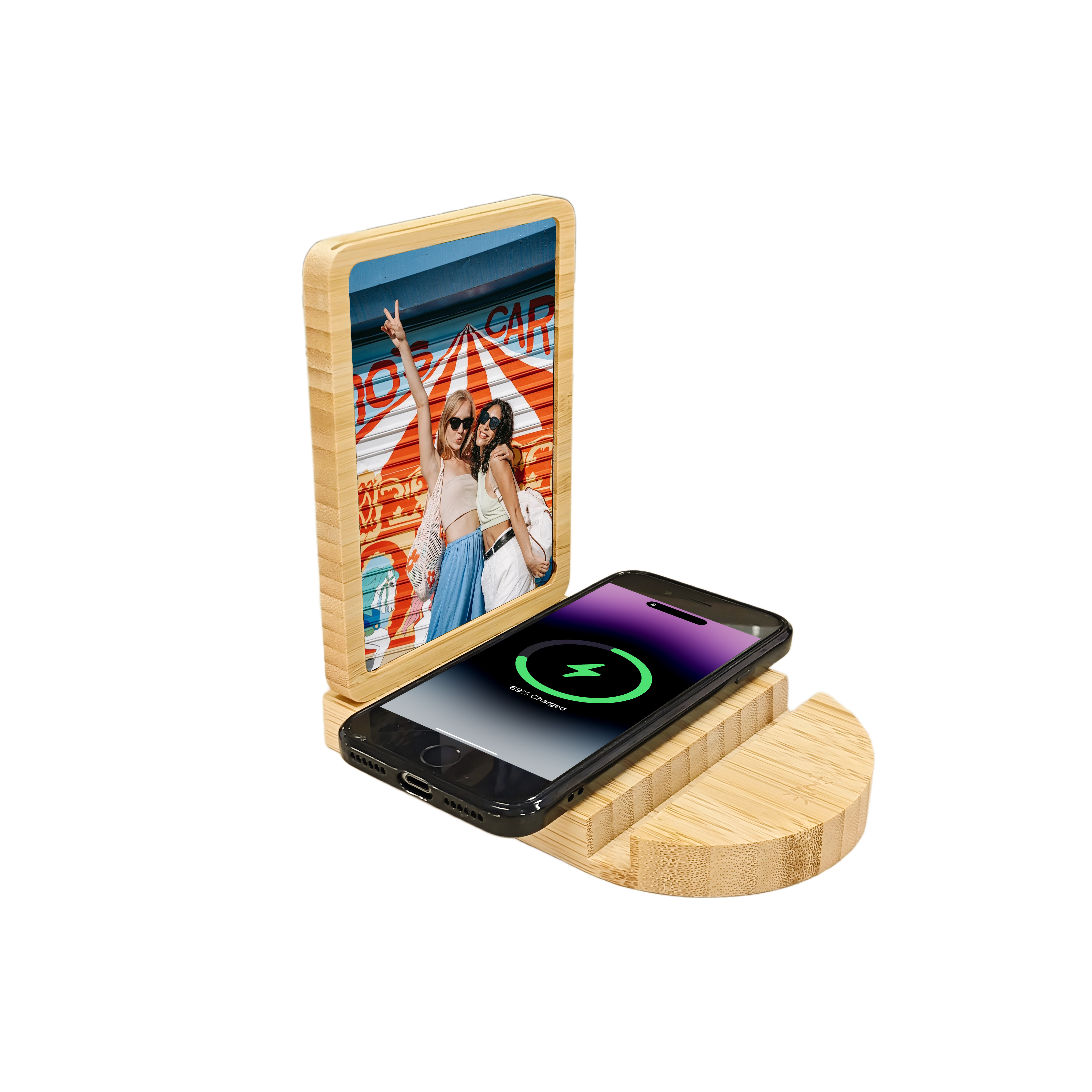 Bamboo Photo Frame with Wireless Charger And Mirror