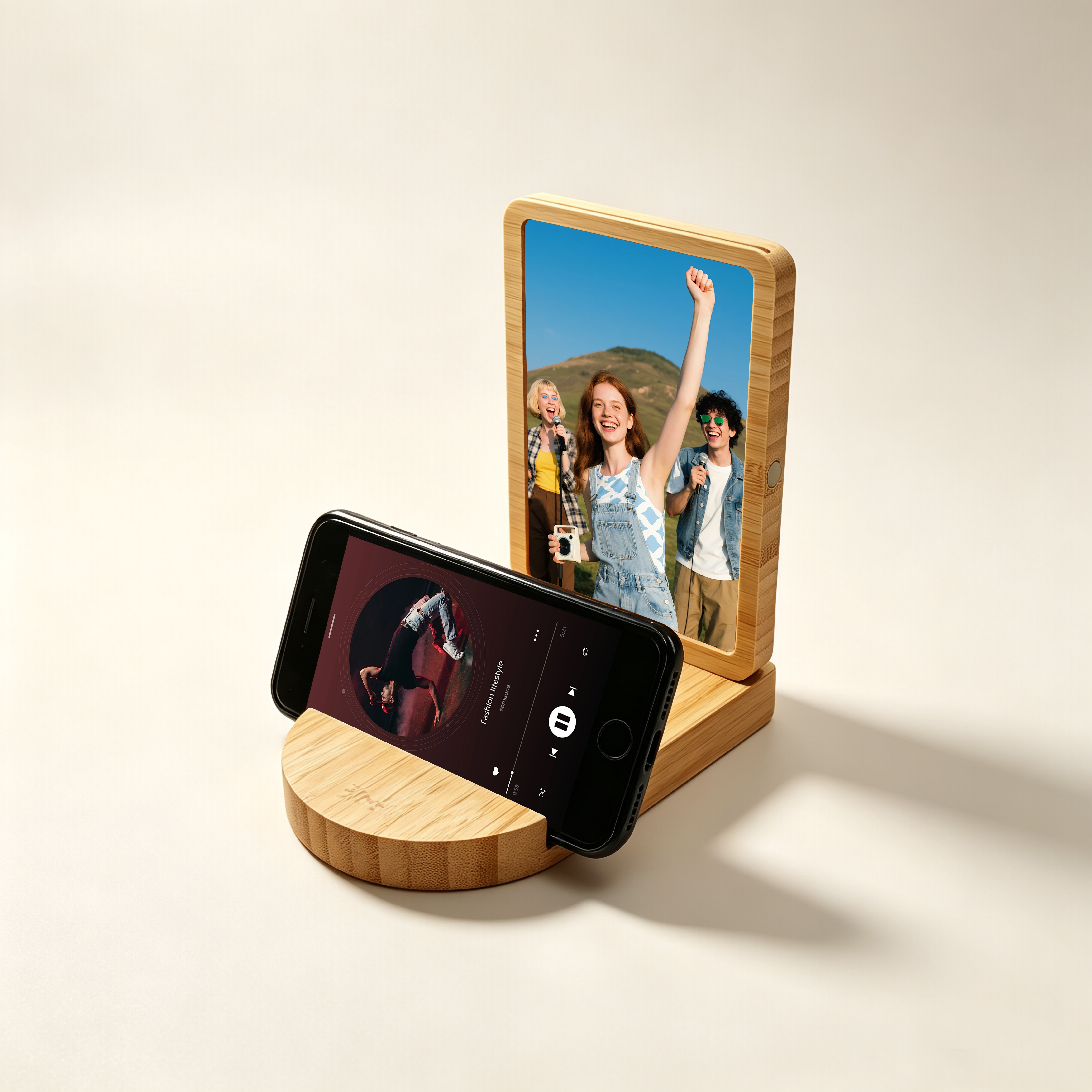Bamboo Photo Frame with Wireless Charger And Mirror