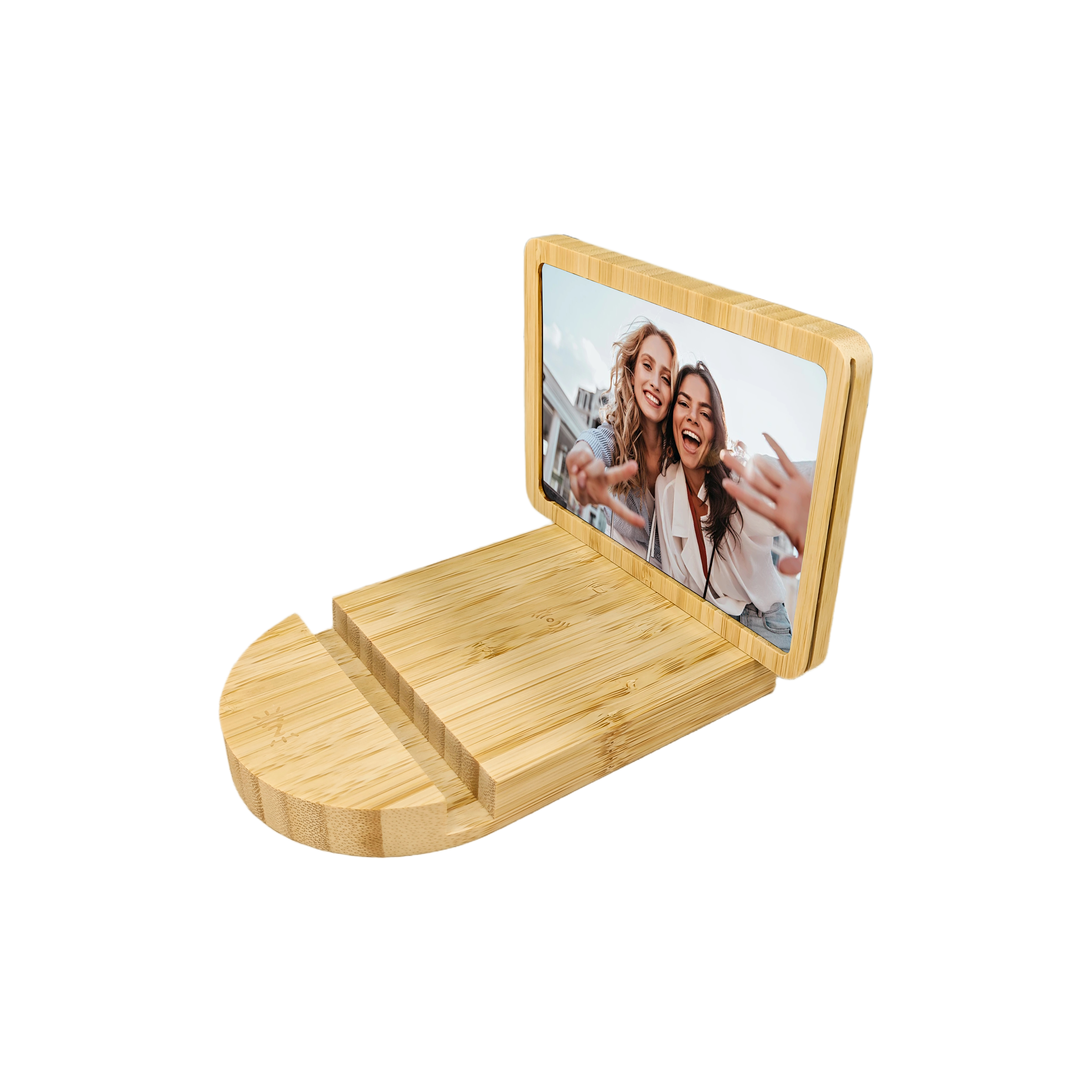 Bamboo Photo Frame with Wireless Charger And Mirror