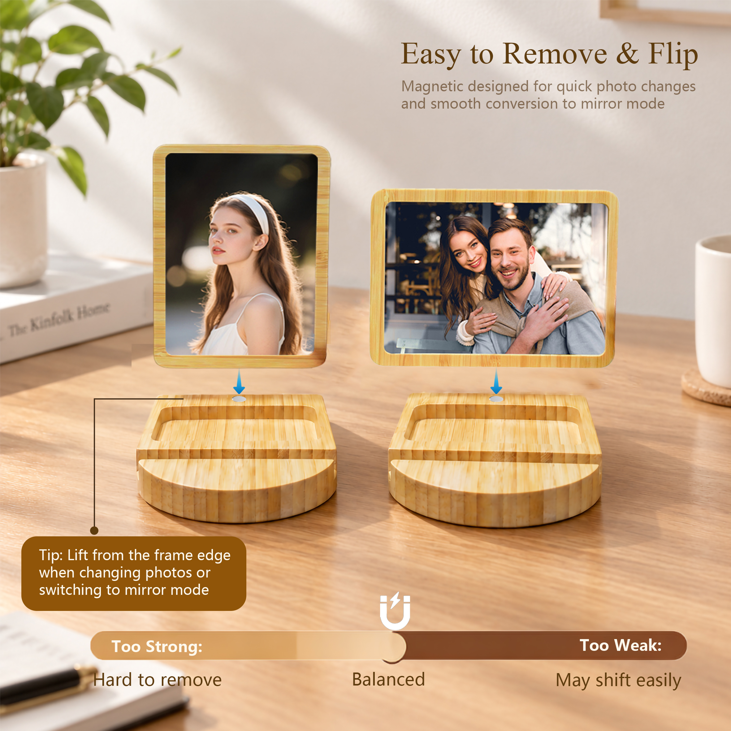Bamboo Magnetic Photo Frame with Mirror and Storage Organizer