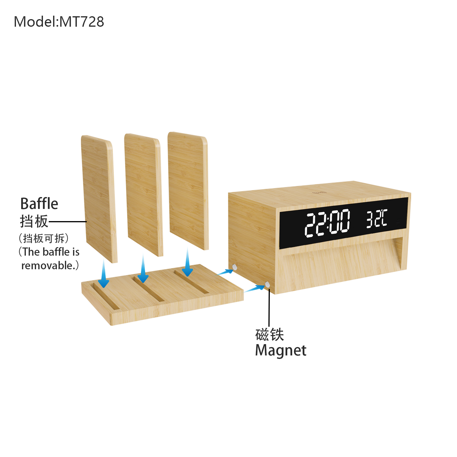 Bamboo Bookshelf Wireless Charger with Clock and LED Lightoduct