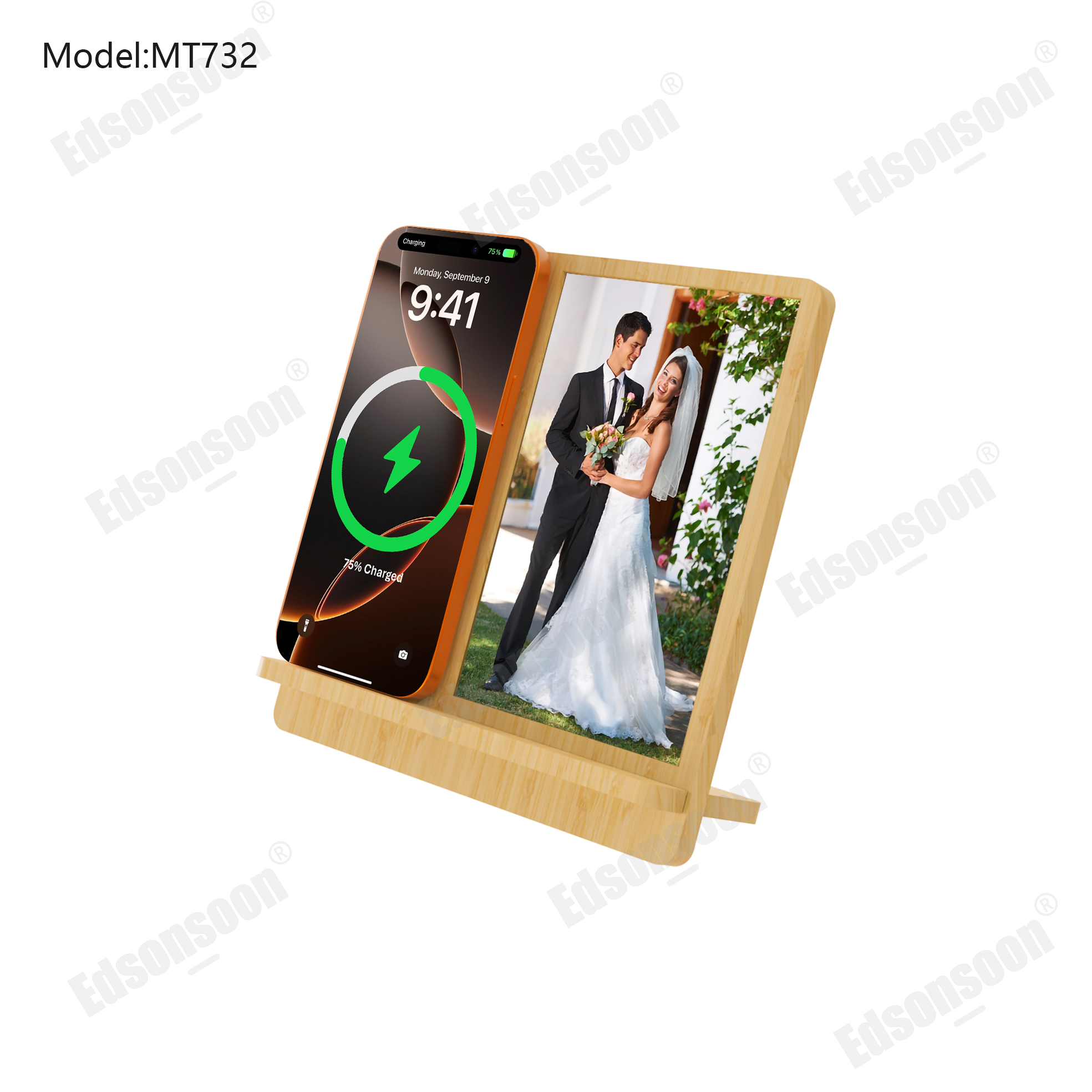 Bamboo Photo Frame with Wireless Charger and Detachable Stand