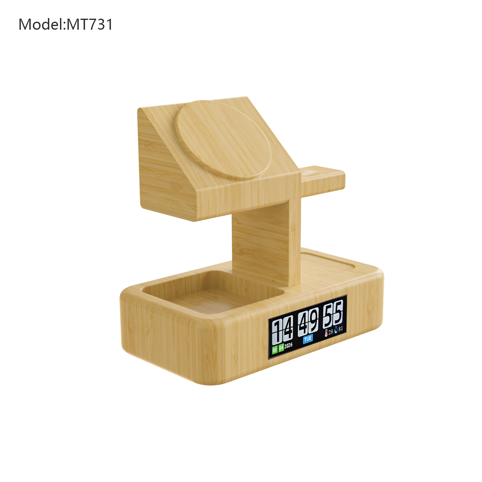 Bamboo 3-in-1 Wireless Charger with Clock and Storage Organizer