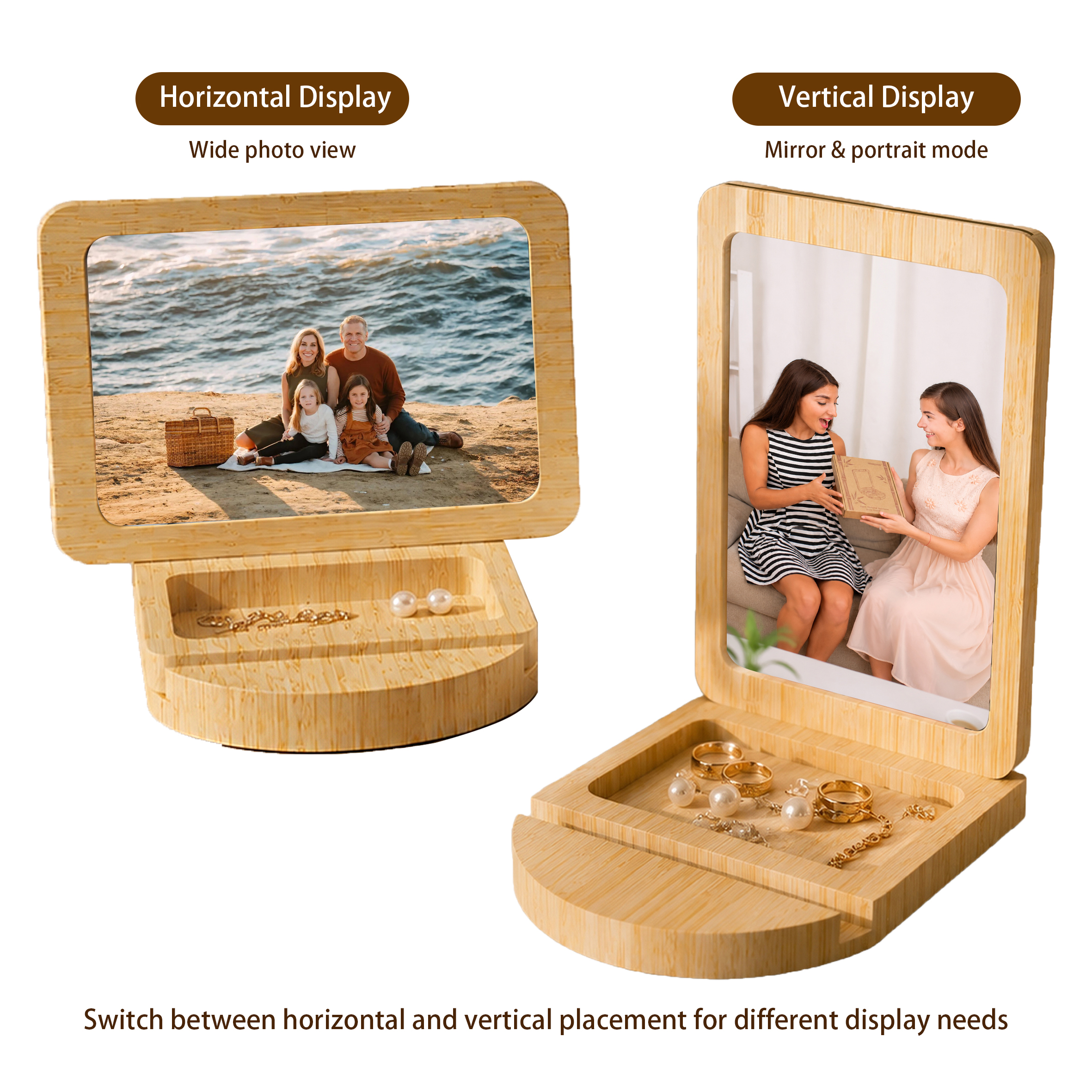 Bamboo Magnetic Photo Frame with Mirror and Storage Organizer