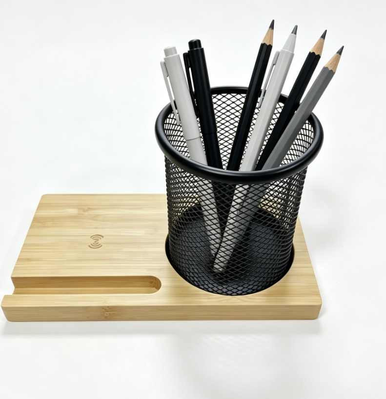 BAMBOO WIRELESS CHARGER WITH PEN HOLDER & PHONE STAND