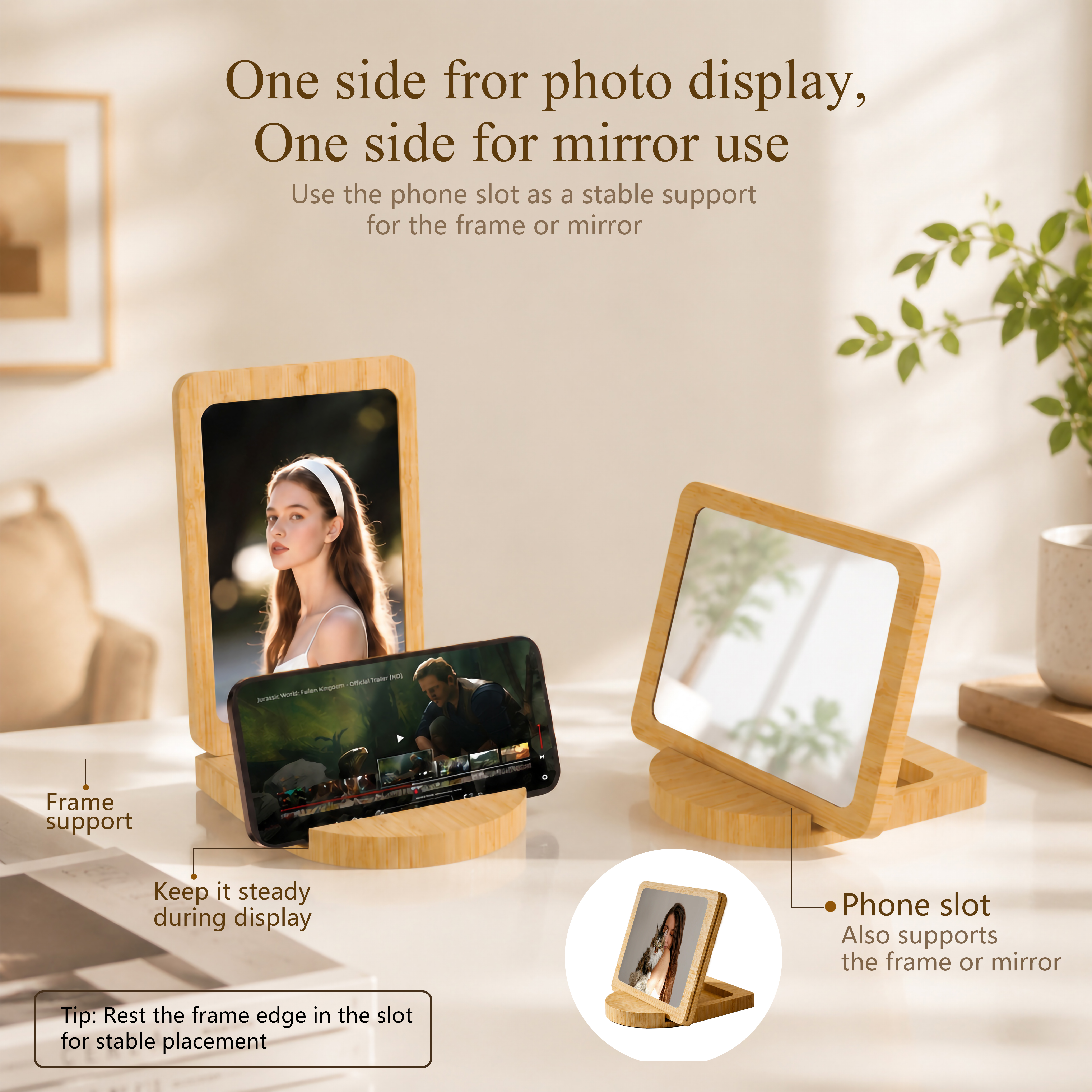 Bamboo Magnetic Photo Frame with Mirror and Storage Organizer