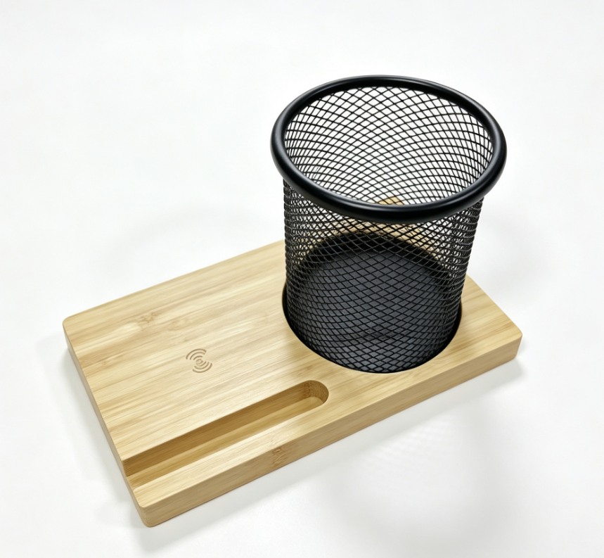 BAMBOO WIRELESS CHARGER WITH PEN HOLDER & PHONE STAND