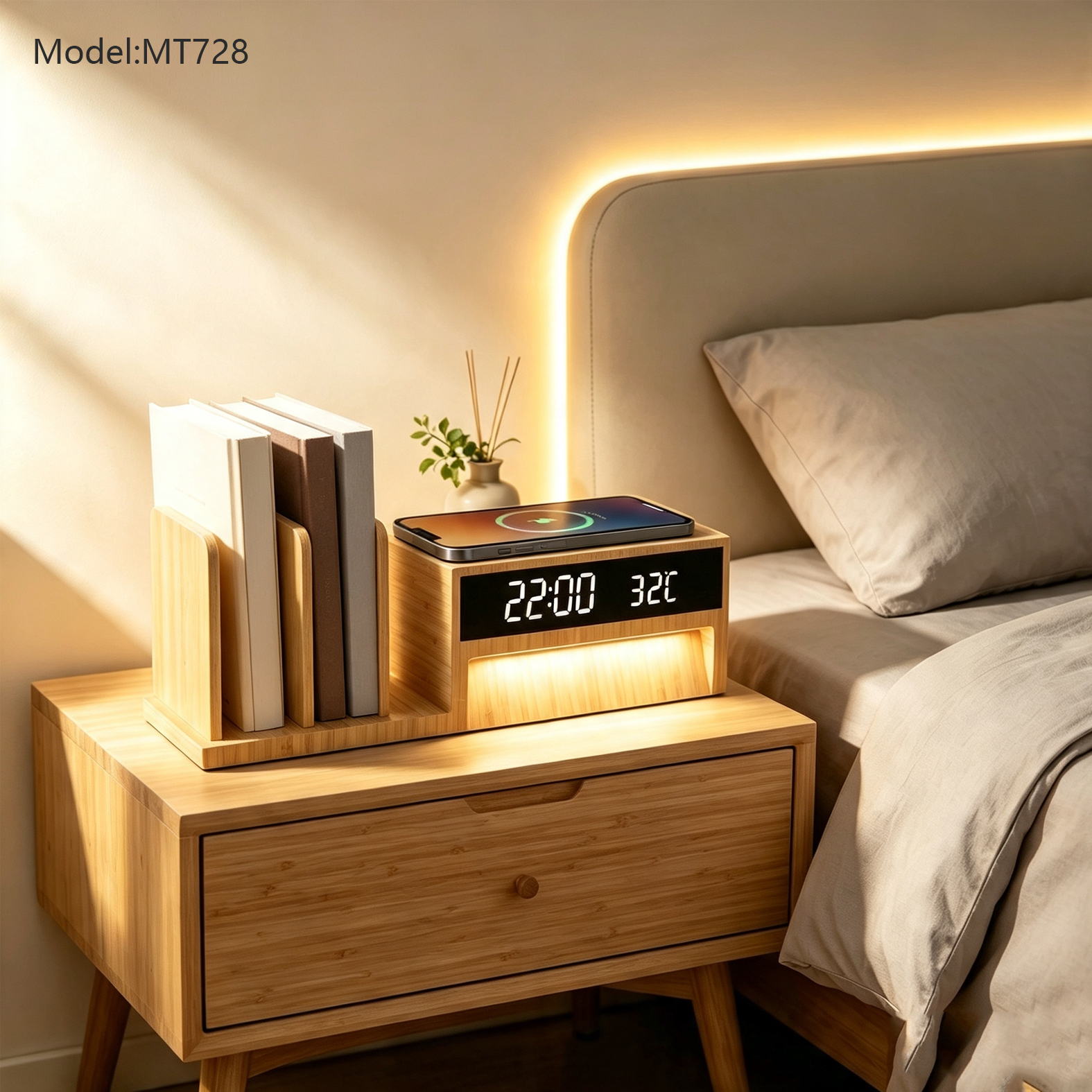 Bamboo Bookshelf Wireless Charger with Clock and LED Lightoduct