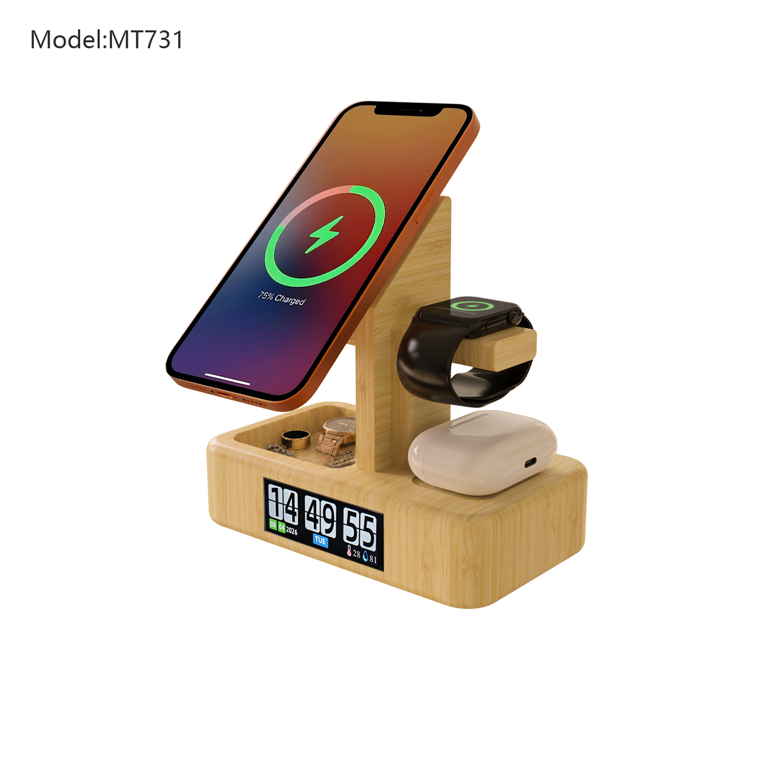 Bamboo 3-in-1 Wireless Charger with Clock and Storage Organizer