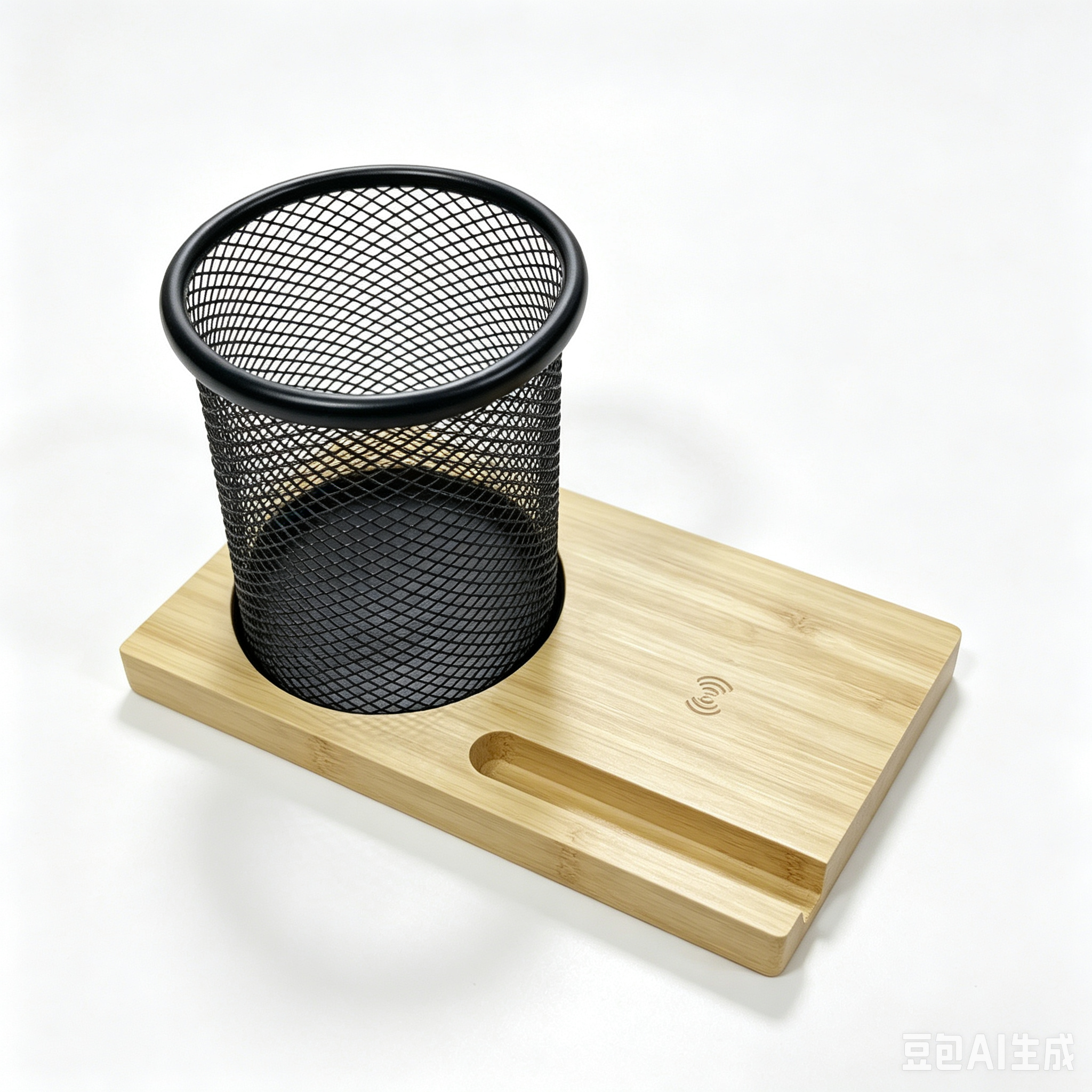 BAMBOO WIRELESS CHARGER WITH PEN HOLDER & PHONE STAND