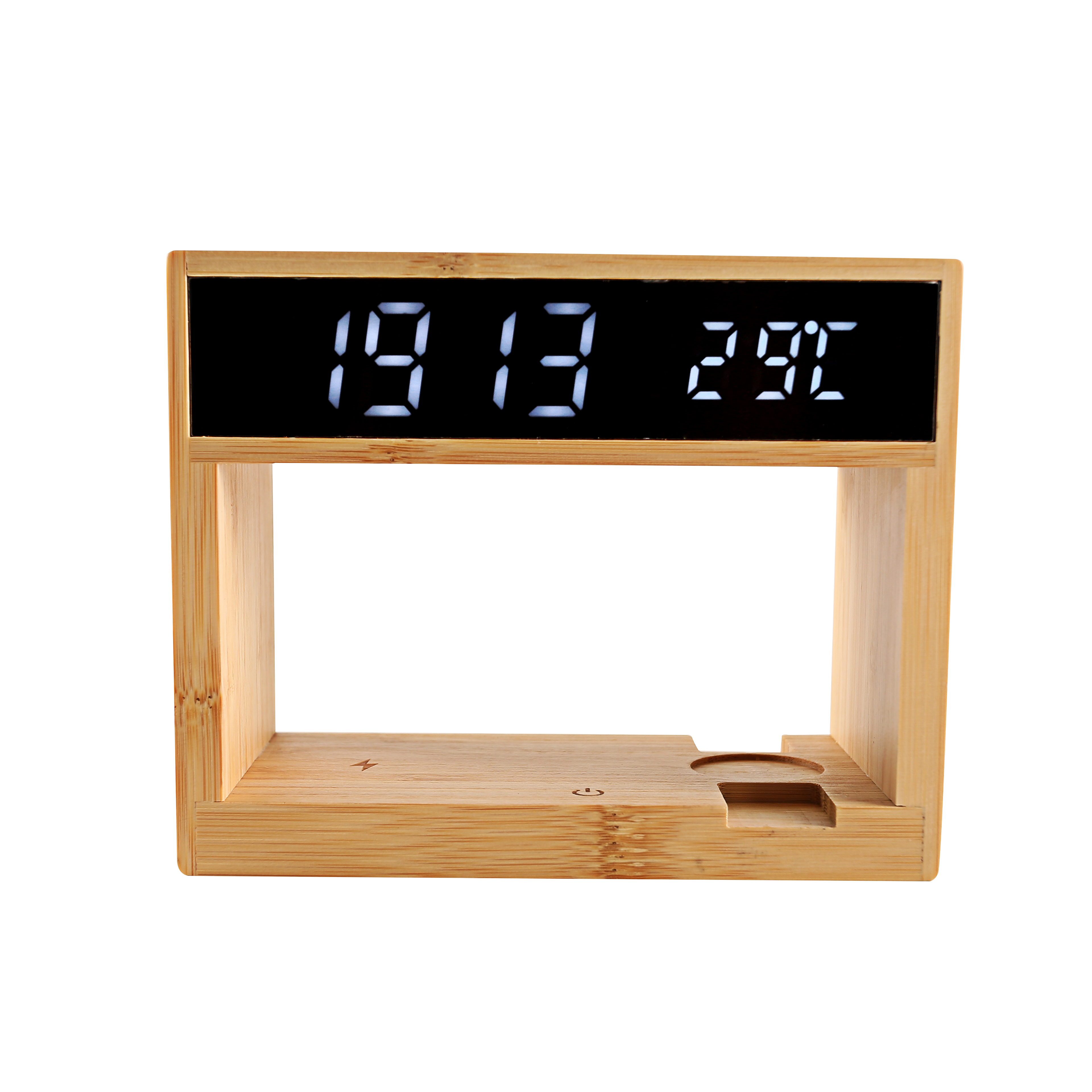 5-in-1 Bamboo Alarm Clock with Wireless Charger and Table Lamp