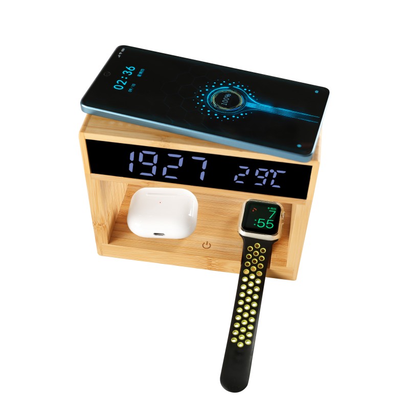 5-in-1 Bamboo Alarm Clock with Wireless Charger and Table Lamp
