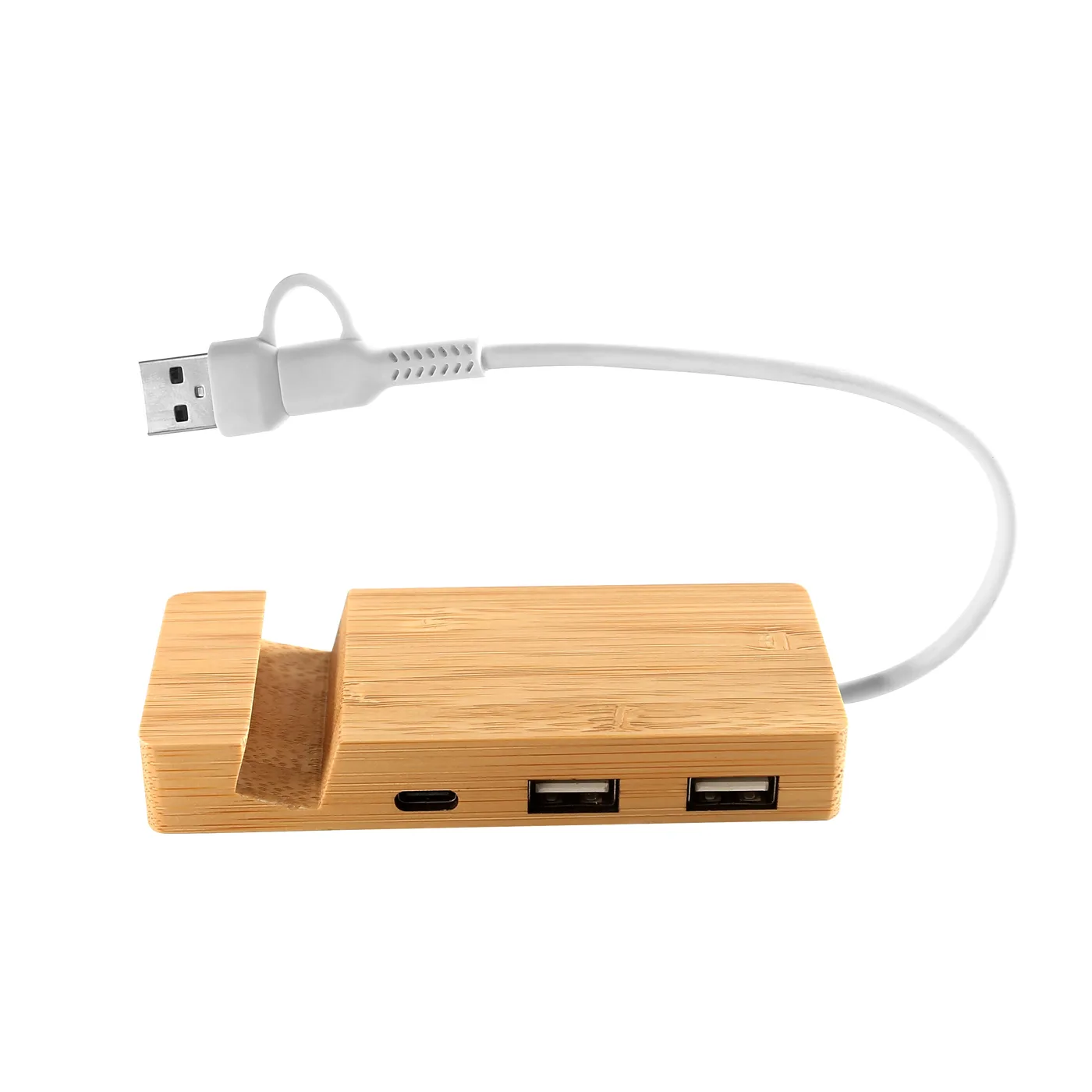 MT525 hub USB à 3 ports en bambou avec support téléphone